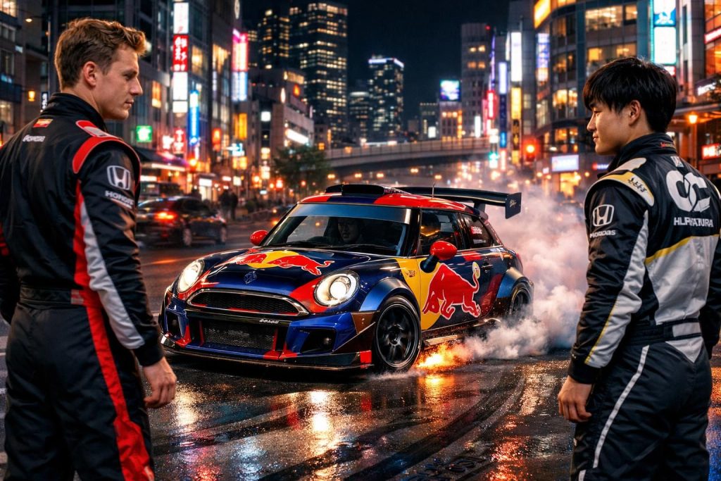découvrez la mini déjantée de red bull inspirée de f1 et tokyo drift qui séduit les pilotes lawson et tsunoda avec son style unique et sa performance hors normes.