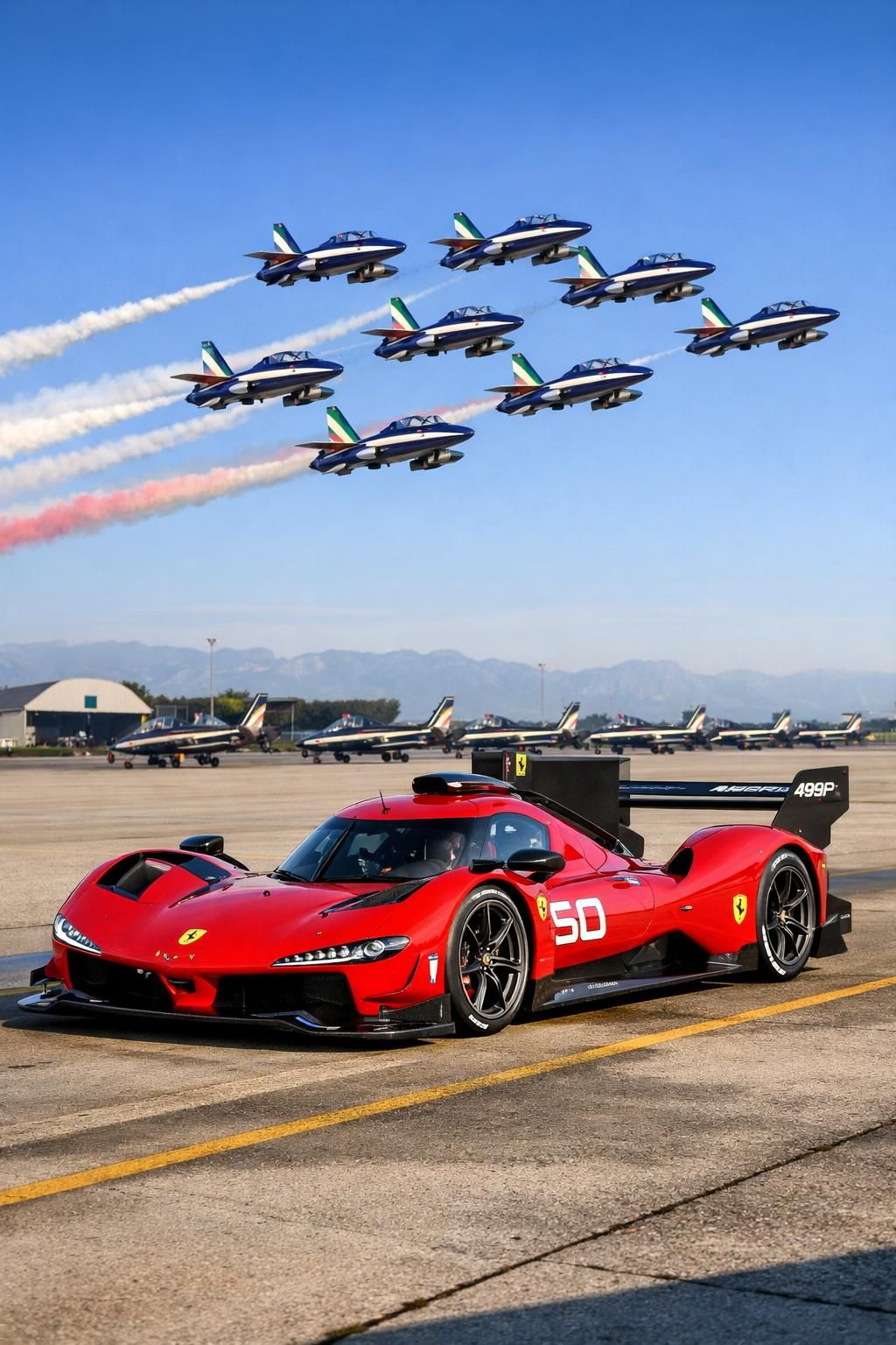 découvrez la performance exceptionnelle de la ferrari 499p en endurance wec, qui s'envole aux côtés des acrobates des frecce tricolori dans une démonstration spectaculaire de vitesse et de précision.