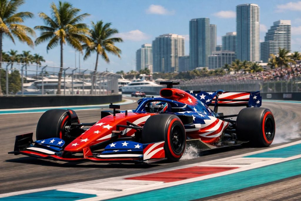 découvrez la nouvelle livrée exclusive de cadillac aux couleurs des états-unis, présentée pour le grand prix de miami en formule 1, alliant performance et design patriotique.