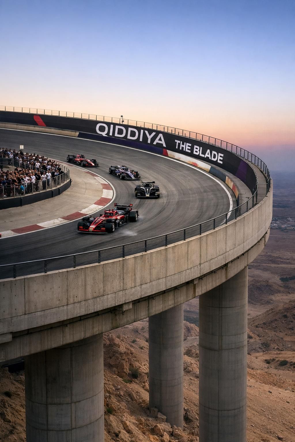 découvrez le nouveau circuit futuriste de formule 1 en arabie saoudite avec un virage imposant situé à 70 mètres au-dessus du vide, promettant des sensations fortes et un spectacle spectaculaire.