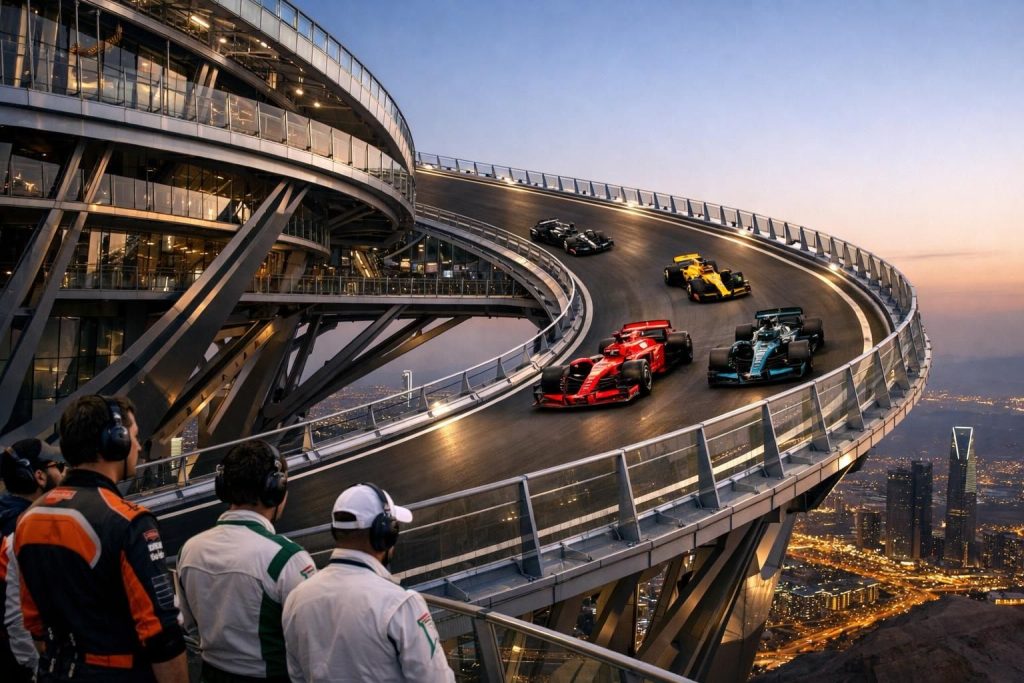 découvrez le nouveau virage spectaculaire du circuit saoudien de formule 1, un passage futuriste perché à 70 mètres au-dessus du vide, promettant des sensations fortes inédites.