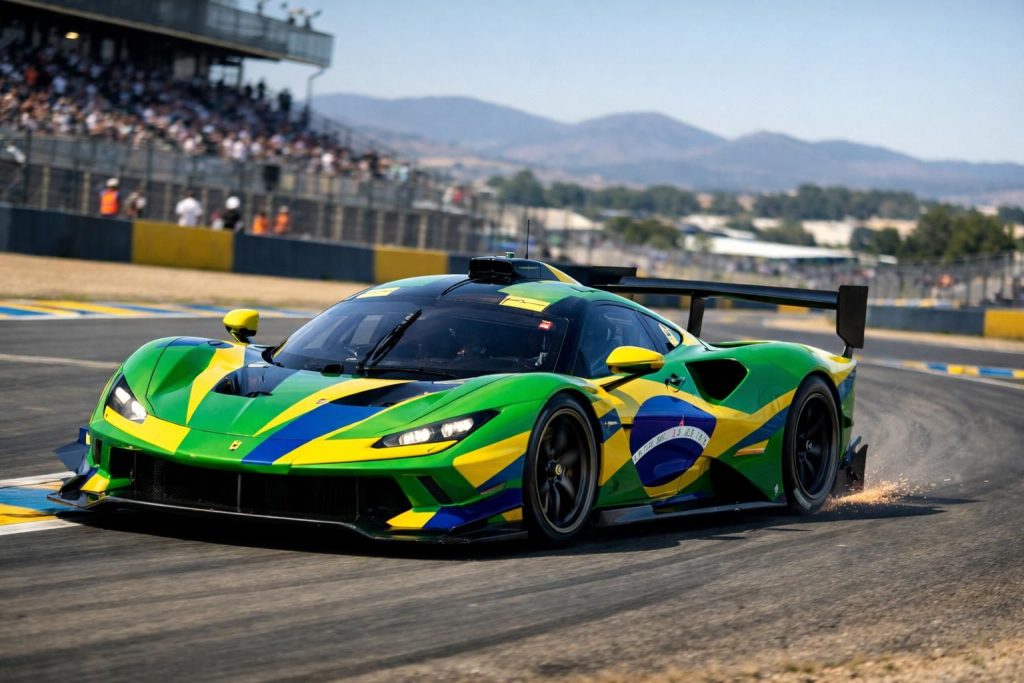 découvrez la ferrari n°150 de richard mille af corse aux heures du mans 2026, fièrement arborant les couleurs du brésil pour une course emblématique.