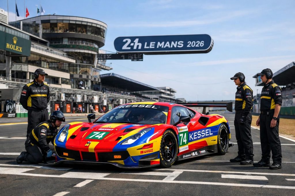 découvrez la ferrari n°74 de kessel racing, arborant ses nouvelles couleurs pour la 94e édition des heures du mans 2026, un rendez-vous incontournable de l'endurance automobile.