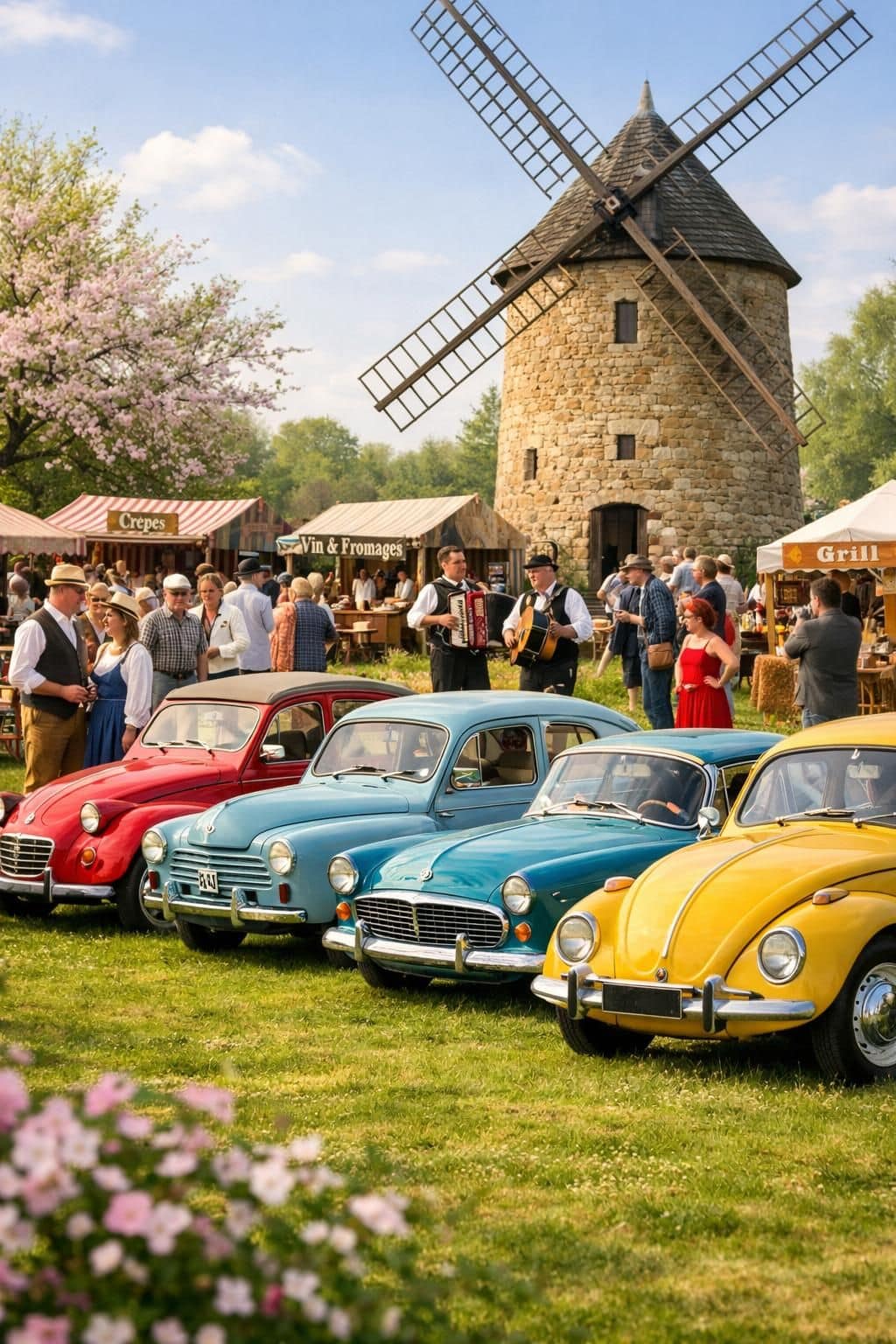 découvrez les animations festives autour du moulin en fête : expositions de voitures anciennes, dégustations de délices gourmands et ambiance conviviale pour toute la famille.