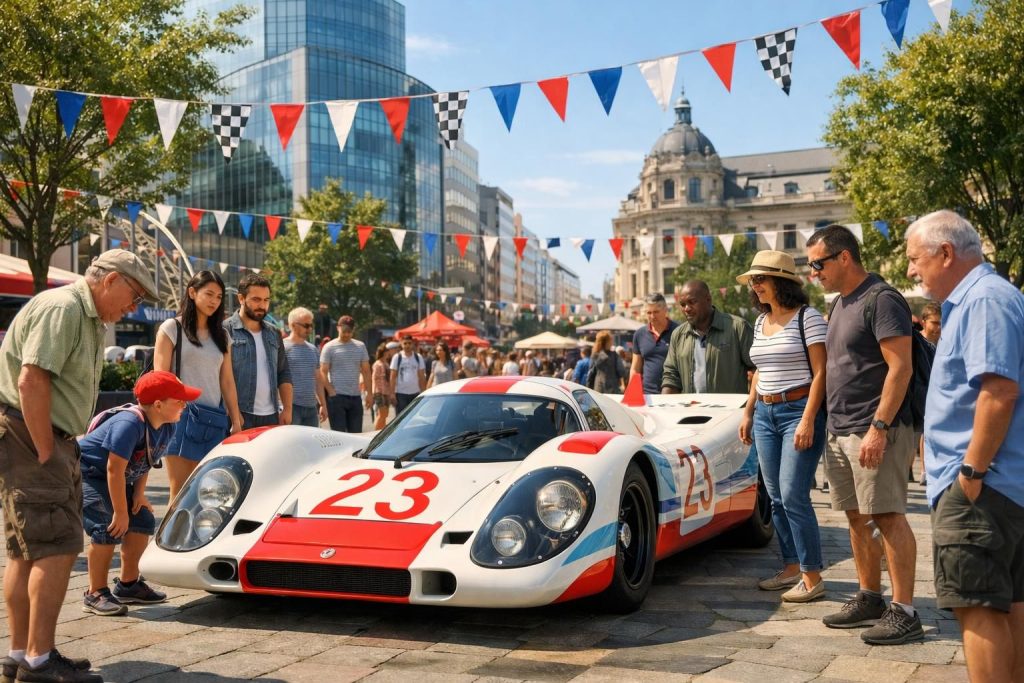 découvrez en images une voiture emblématique des 24 heures du mans qui prend place au cœur de la ville, symbole de l'histoire et de la passion automobile.