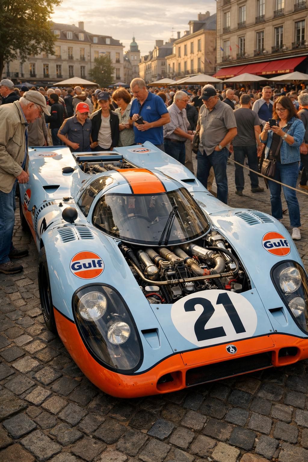 découvrez en images une voiture emblématique des 24 heures du mans qui s'installe au cœur de la place centrale, un hommage spectaculaire à cette légende de la course automobile.