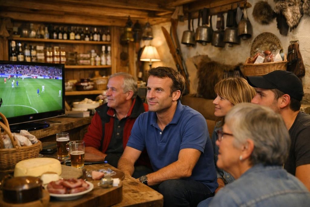 découvrez comment emmanuel macron, en polo bleu, a improvisé une soirée mondial de football dans une boutique de haute-savoie, mêlant convivialité et passion du sport.