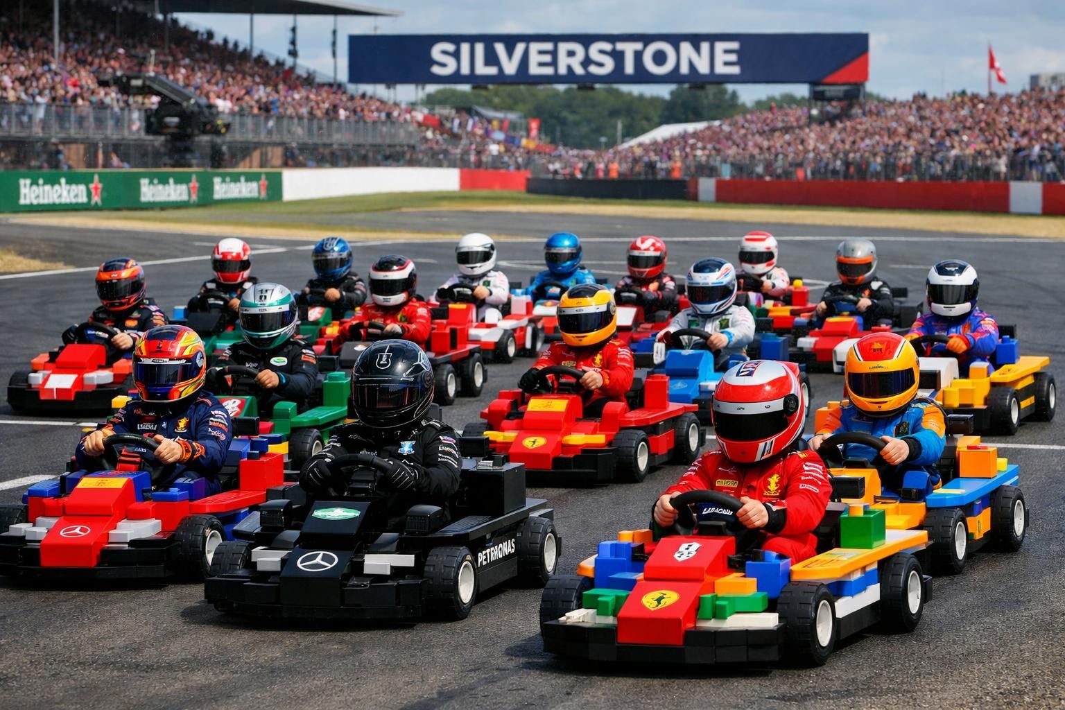 revivez la formule 1 à silverstone avec une parade surprise en karts lego et l'absence remarquée de verstappen lors de cet événement inédit.