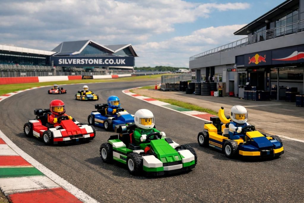 revivez la formule 1 à silverstone avec une parade surprise en karts lego, alors que verstappen fait une apparition inattendue en étant aux abonnés absents.