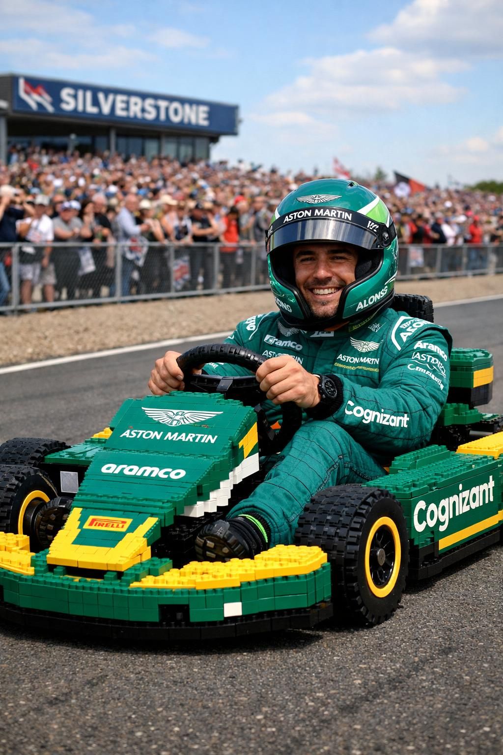 revivez le triomphe étonnant de fernando alonso à silverstone sous une nouvelle forme : découvrez son aston martin en lego dans une course pleine de surprises et d'originalité.