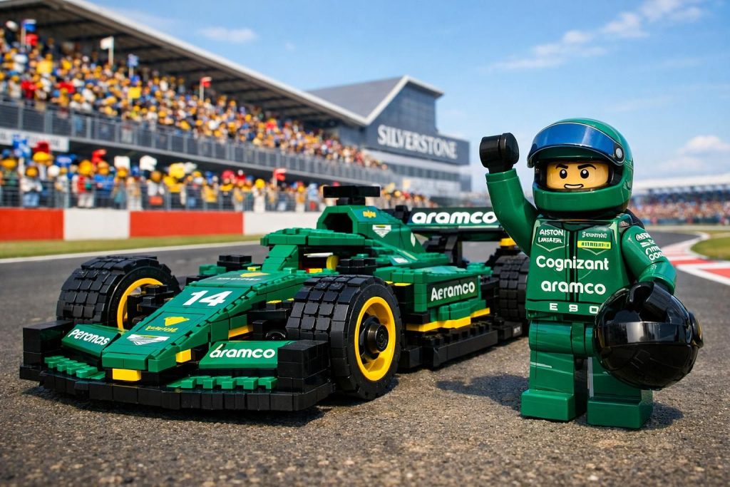 découvrez le triomphe étonnant de fernando alonso à silverstone, pilotant une aston martin... en lego, une prouesse qui allie passion de la formule 1 et créativité.