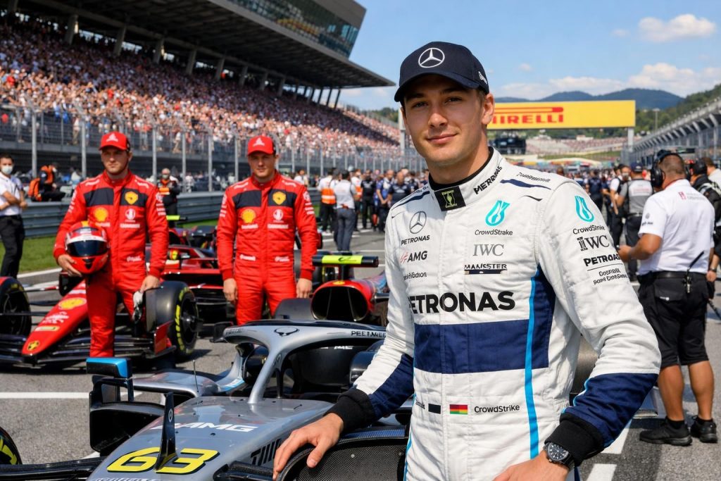 george russell signe la pole position du grand prix d'autriche en formule 1, devançant les ferrari et s'installant en première ligne pour la course.