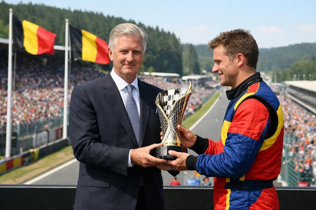 le roi philippe honore le grand prix de belgique de formule 1 en remettant le trophée au champion, un moment prestigieux pour cet événement sportif majeur.