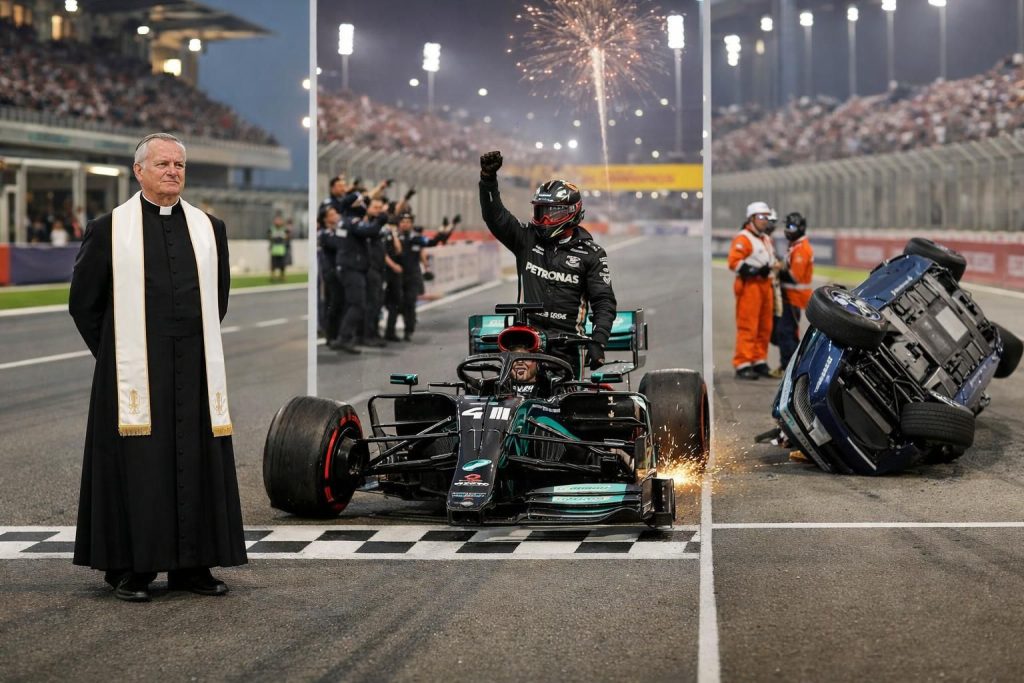 découvrez les moments forts des éditions i : un prêtre sur la piste, la victoire spectaculaire de hamilton avec trois roues, et une voiture renversée.