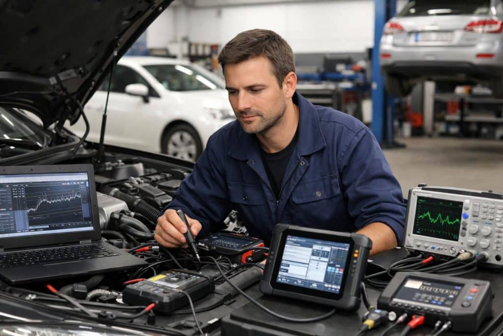 à saint-mars-la-brière, un spécialiste répare les pannes électroniques des voitures grâce à l'utilisation d'ordinateurs performants, assurant un diagnostic rapide et efficace.