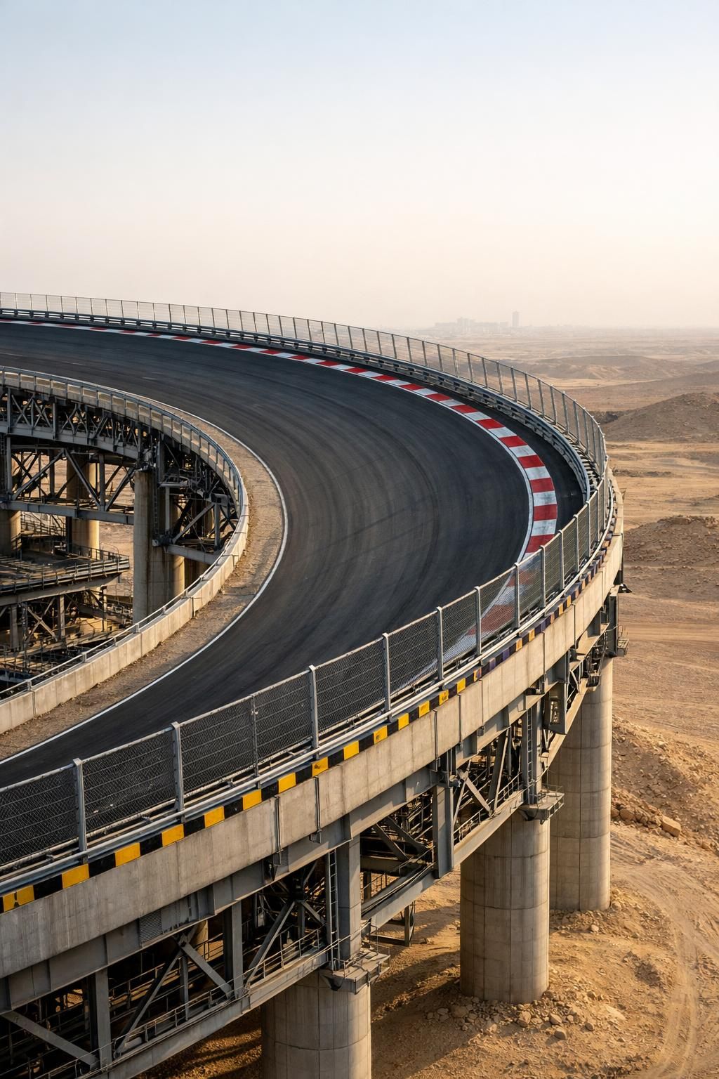 découvrez des images spectaculaires du nouveau circuit de formule 1 mettant en scène un virage impressionnant de 70 mètres de haut, offrant un spectacle à couper le souffle aux fans de course.