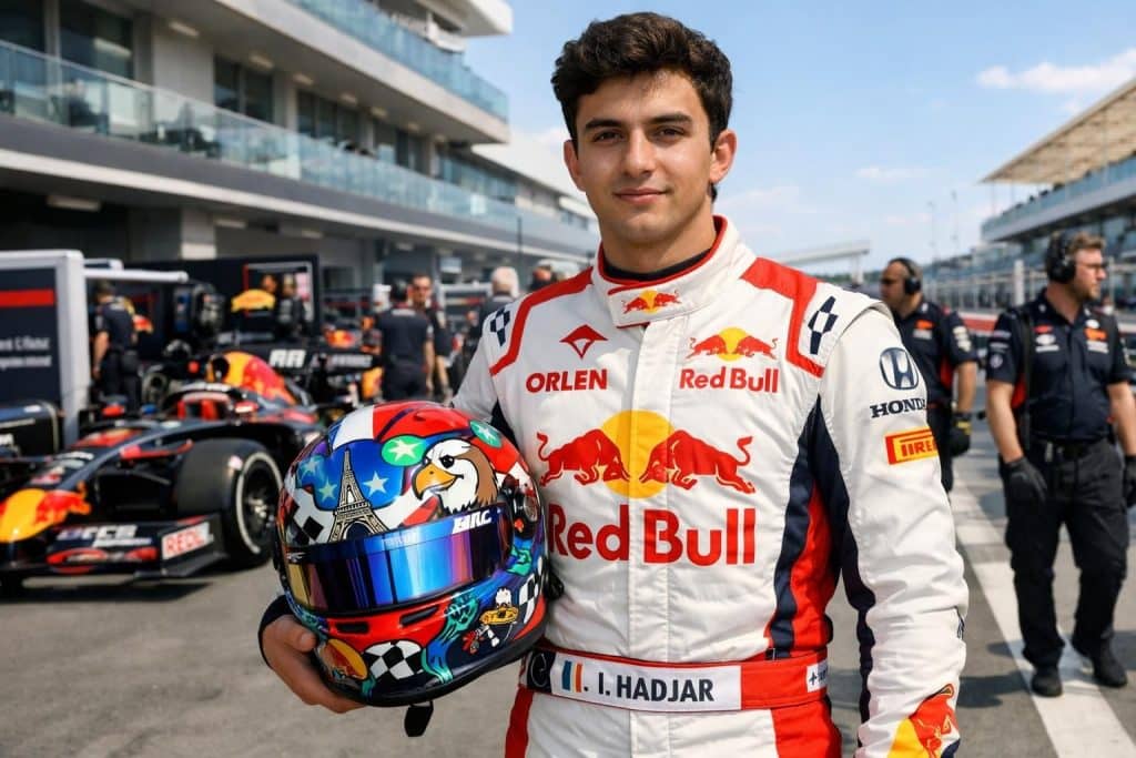 un an après son podium surprise en formule 1, isack hadjar dévoile un casque unique pour le prochain grand prix, marquant une étape importante dans sa carrière prometteuse.