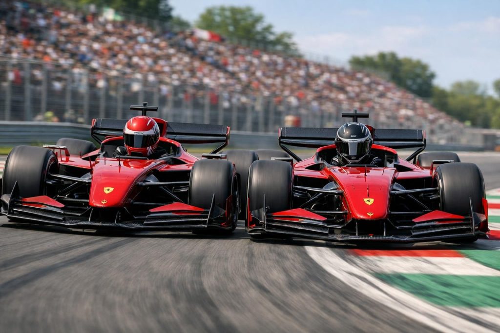 suivez le grand prix d’italie de formule 1 avec leclerc et hamilton, tous deux au volant de ferrari revisitées, pour un duel inédit et intense sur le circuit.