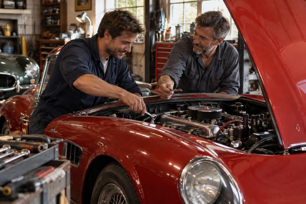 deux passionnés apprennent encore la mécanique et redonnent vie à une voiture mythique, grâce à leur patience et leur amour de l’automobile.